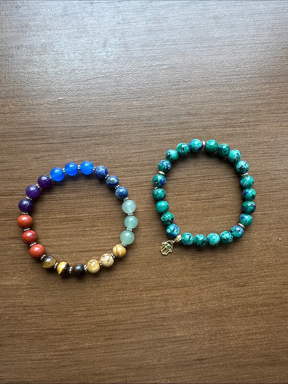 Turquoise Beaded Stretch Bracelet with Gold Hamsa Charm Set of 2